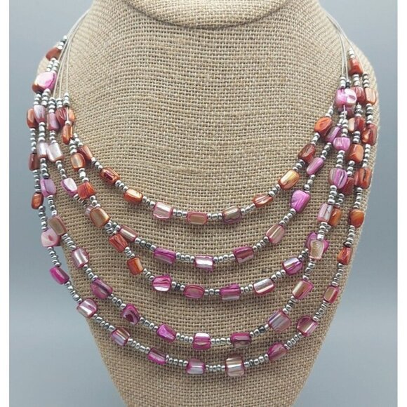 Beachy Silver Tone Pink Dyed Abalone Shell Multi Strand Wire Collar Bib Necklace - Picture 5 of 7
